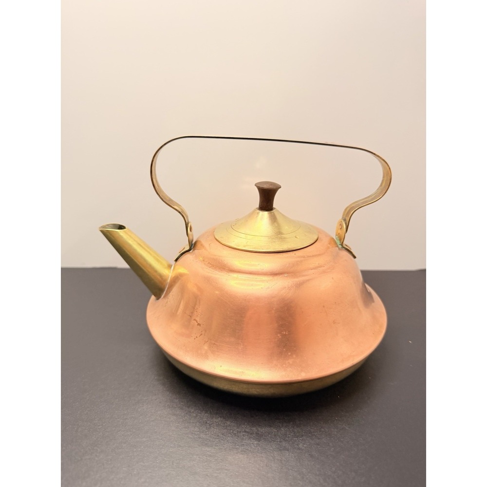 Vintage Copper & Brass Tea Kettle Tea Pot Wooden Finial Knob Country Cottage